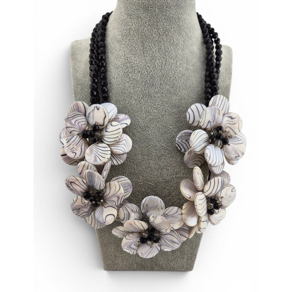 Artisan Glass Flower Statement Necklace Black Faceted Glass Beads